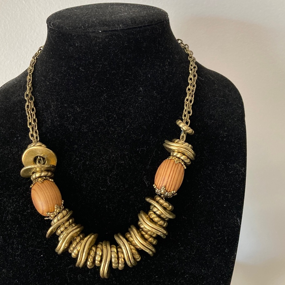 Vintage wood, goldtone disks and chain chunky necklace